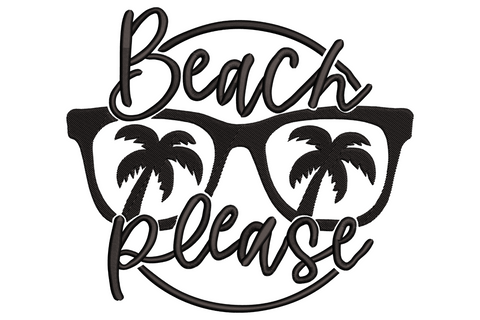 Beach Please embroidery, round sunglasses with palm tree silhouettes in the lenses and bold black brush script