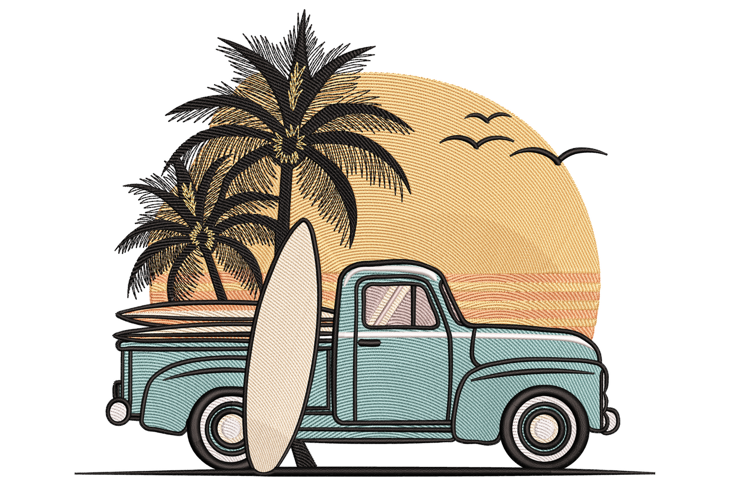 Vintage teal pickup truck embroidery design with palm trees, peach sunset, cream surfboard and seagulls for beach apparel