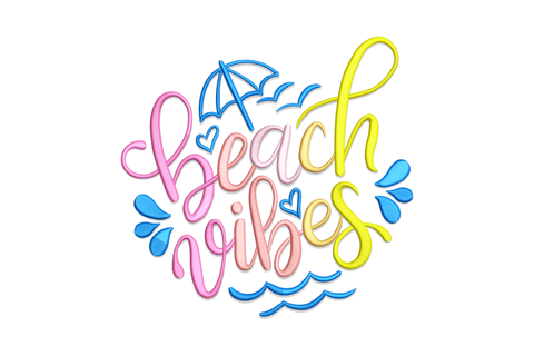Beach Vibes machine embroidery design, mixed brush script and serif typography in coral pink, ocean blue and sandy yellow with wave accents, 5 sizes