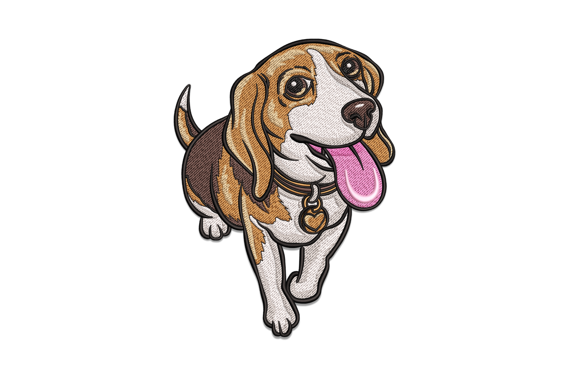 Cartoon beagle puppy with floppy ears and pink tongue machine embroidery design, 9 colors