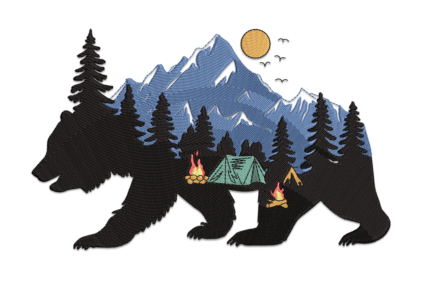 Bear camping embroidery, double-exposure silhouette with blue mountains, pine trees, green tent and orange campfires inside.
