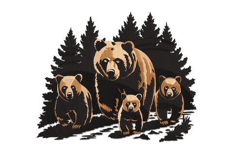 Bear family forest embroidery, grizzly and three cubs in honey-brown woodcut style, black pine tree silhouette background.