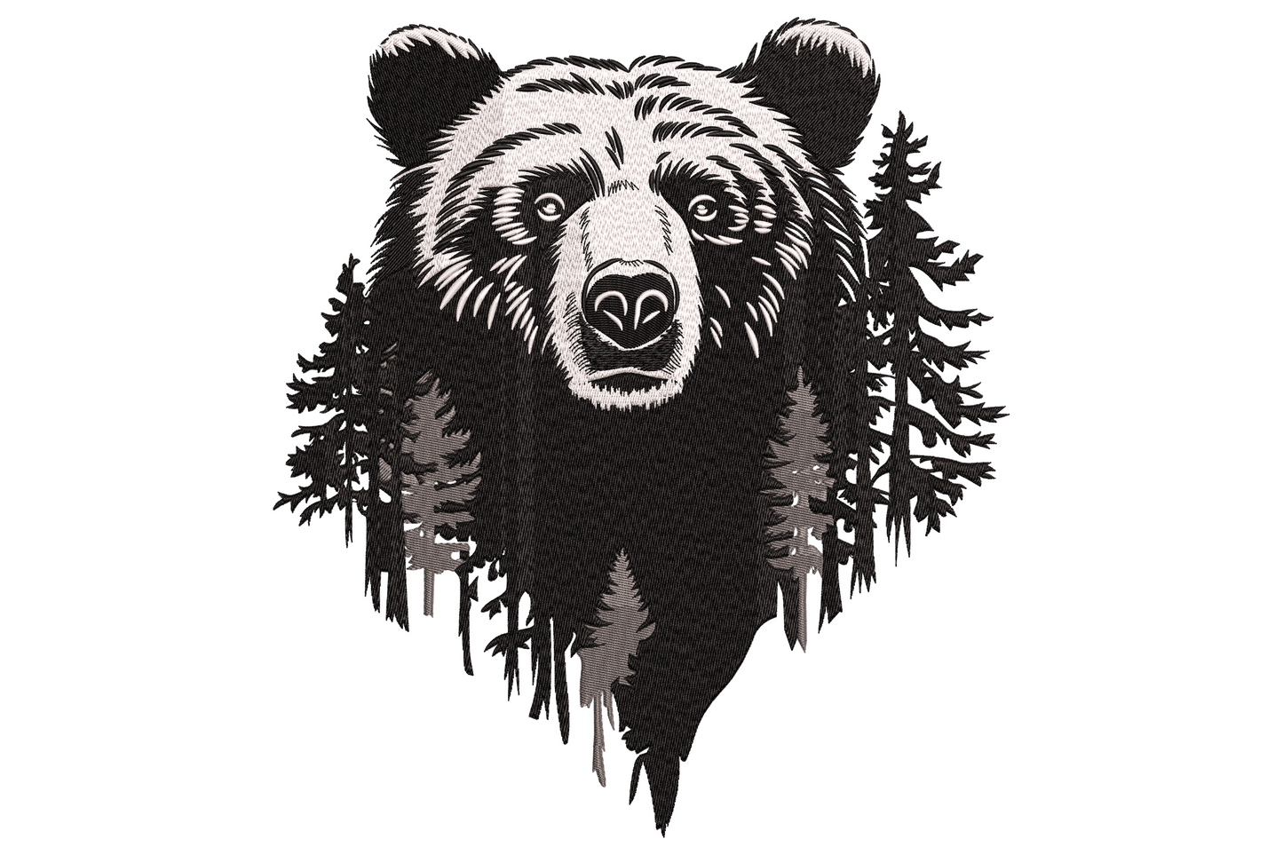 Bear forest silhouette embroidery design showing grizzly bear face fading into pine tree forest in black, cream and grey