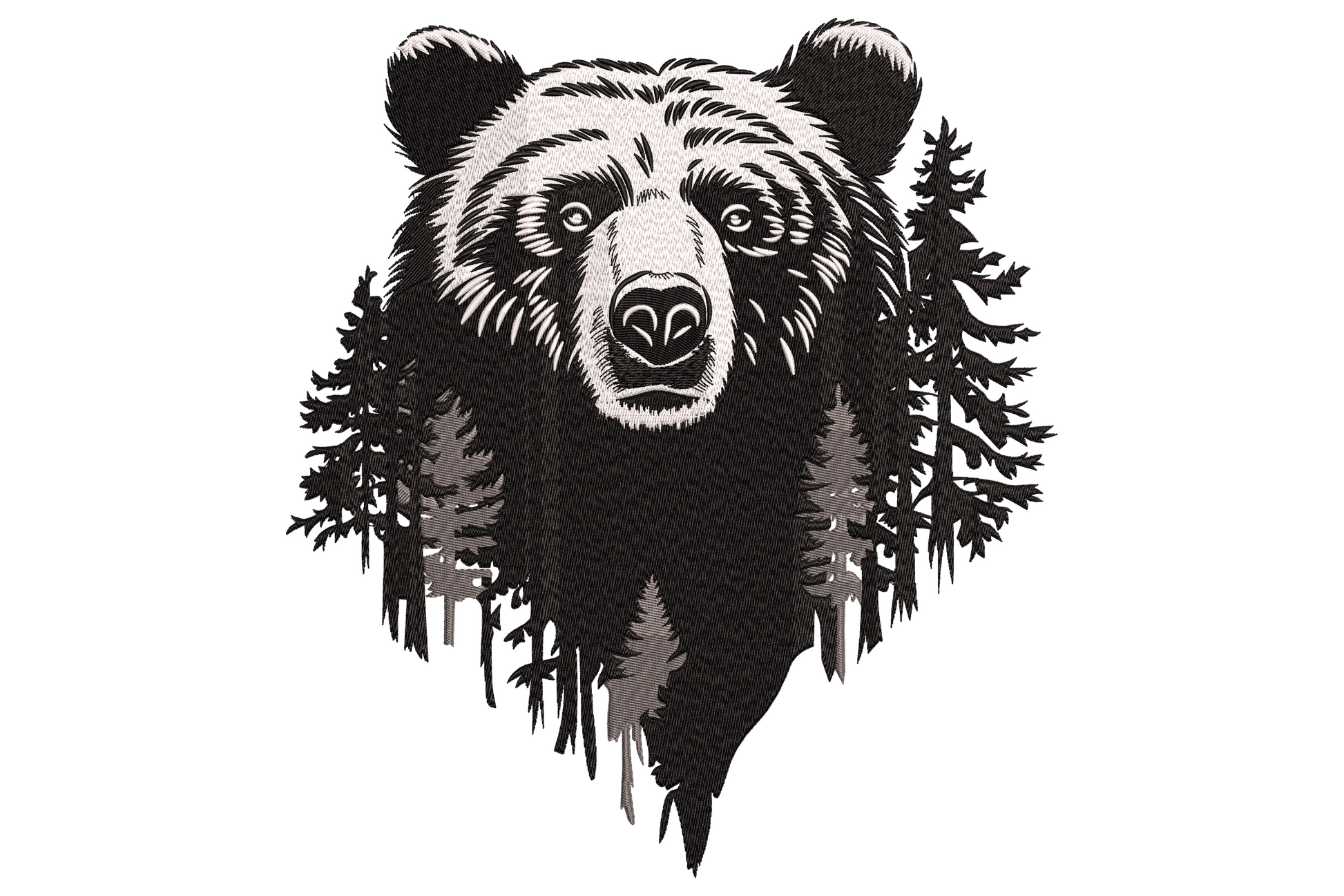Bear forest silhouette embroidery design showing grizzly bear face fading into pine tree forest in black, cream and grey