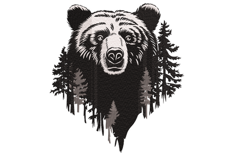 Bear forest silhouette embroidery design showing grizzly bear face fading into pine tree forest in black, cream and grey