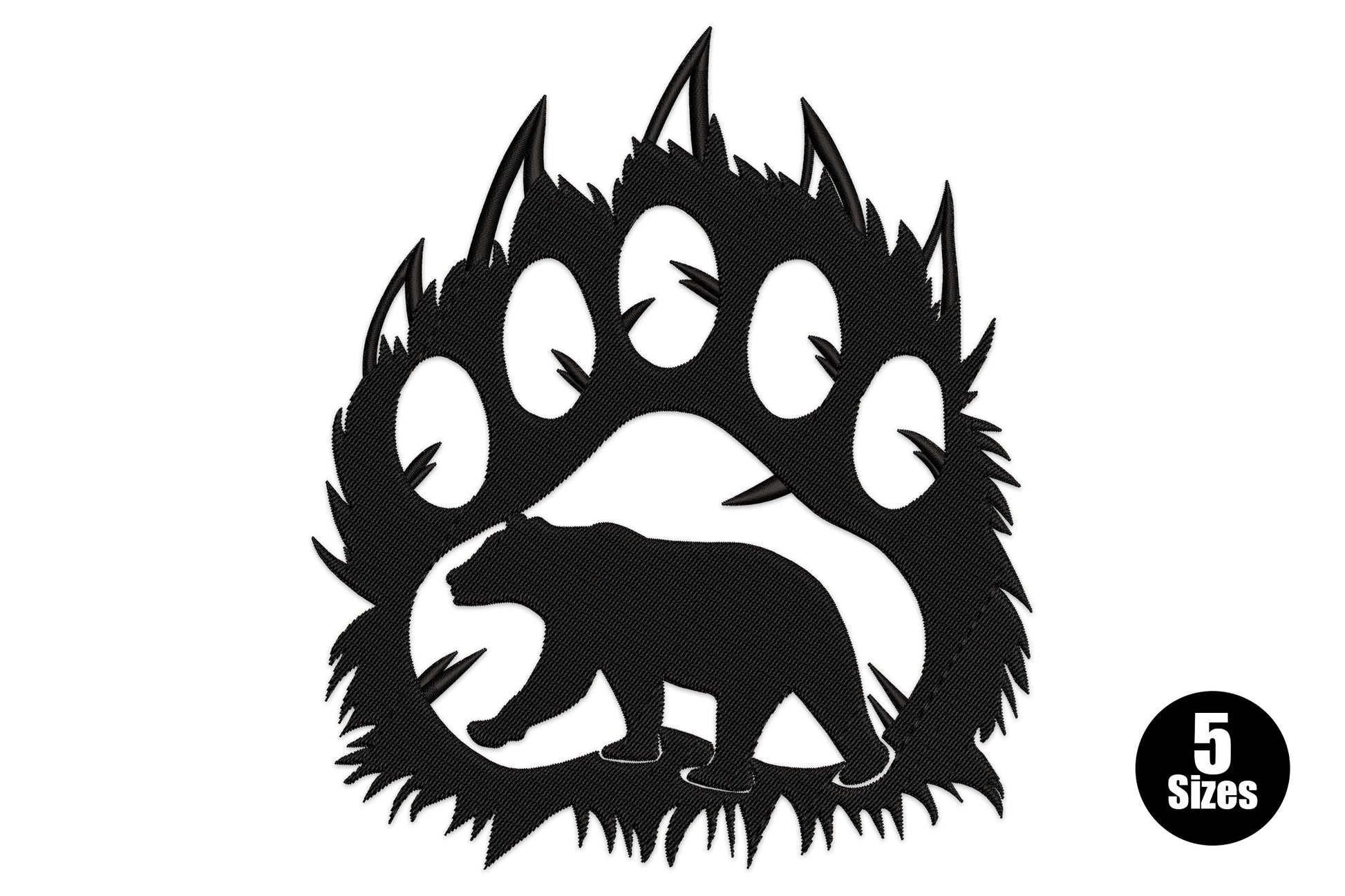 Bear paw silhouette embroidery with fur edge claws and tiny hidden walking bear cutout, black thread, 9208 to 29171 stitches, 5 sizes