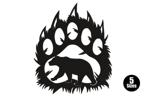 Bear paw silhouette embroidery with fur edge claws and tiny hidden walking bear cutout, black thread, 9208 to 29171 stitches, 5 sizes