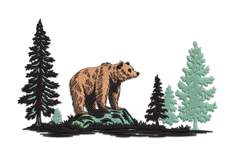Bear in pine forest landscape embroidery design with dark silhouette bear and layered evergreen tree backdrop in charcoal and green