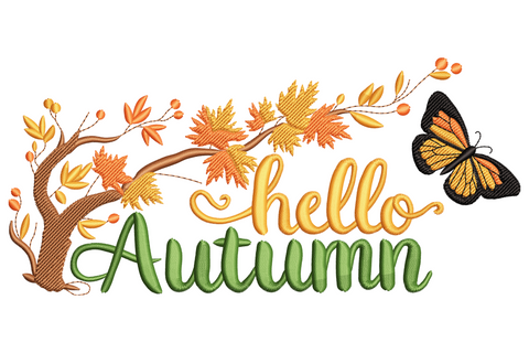 Autumn leaves embroidery design, compact horizontal cluster of maple and oak leaves in five colours, crimson, amber, mustard, olive and cream.