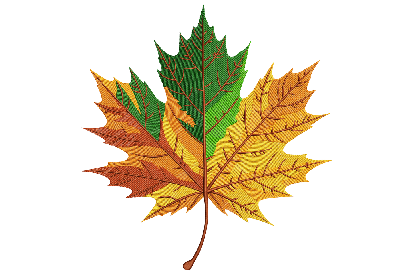 Detailed autumn maple leaf embroidery design in eight colours, burnt orange, crimson, gold and amber, symmetrical composition with directional vein fills, 5.17 inches wide.