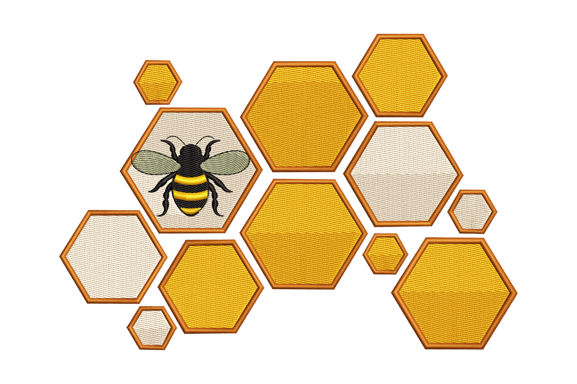 Hexagonal patches with a bee design on a white background
