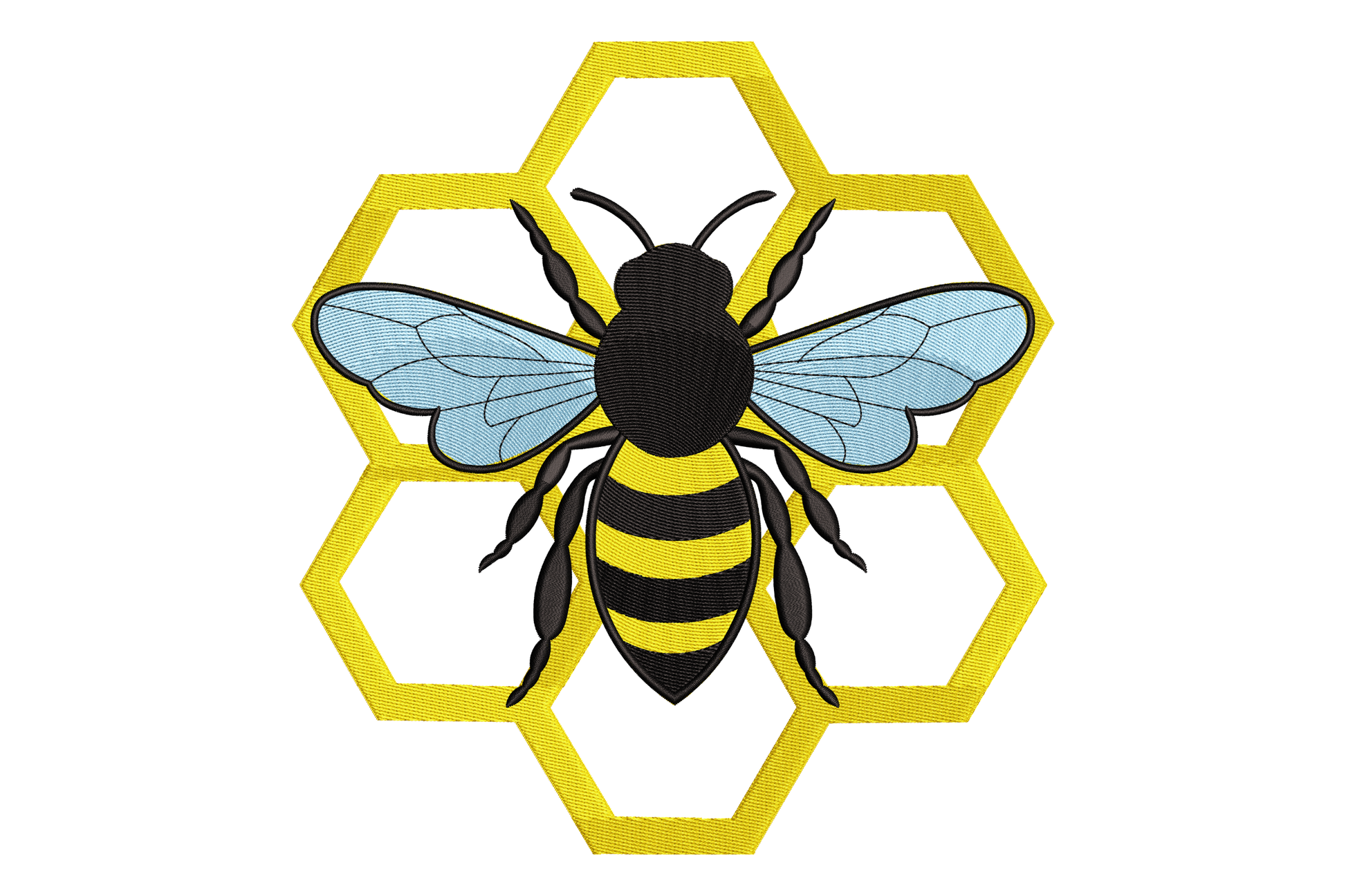 Bee design with blue wings on a yellow hexagonal background