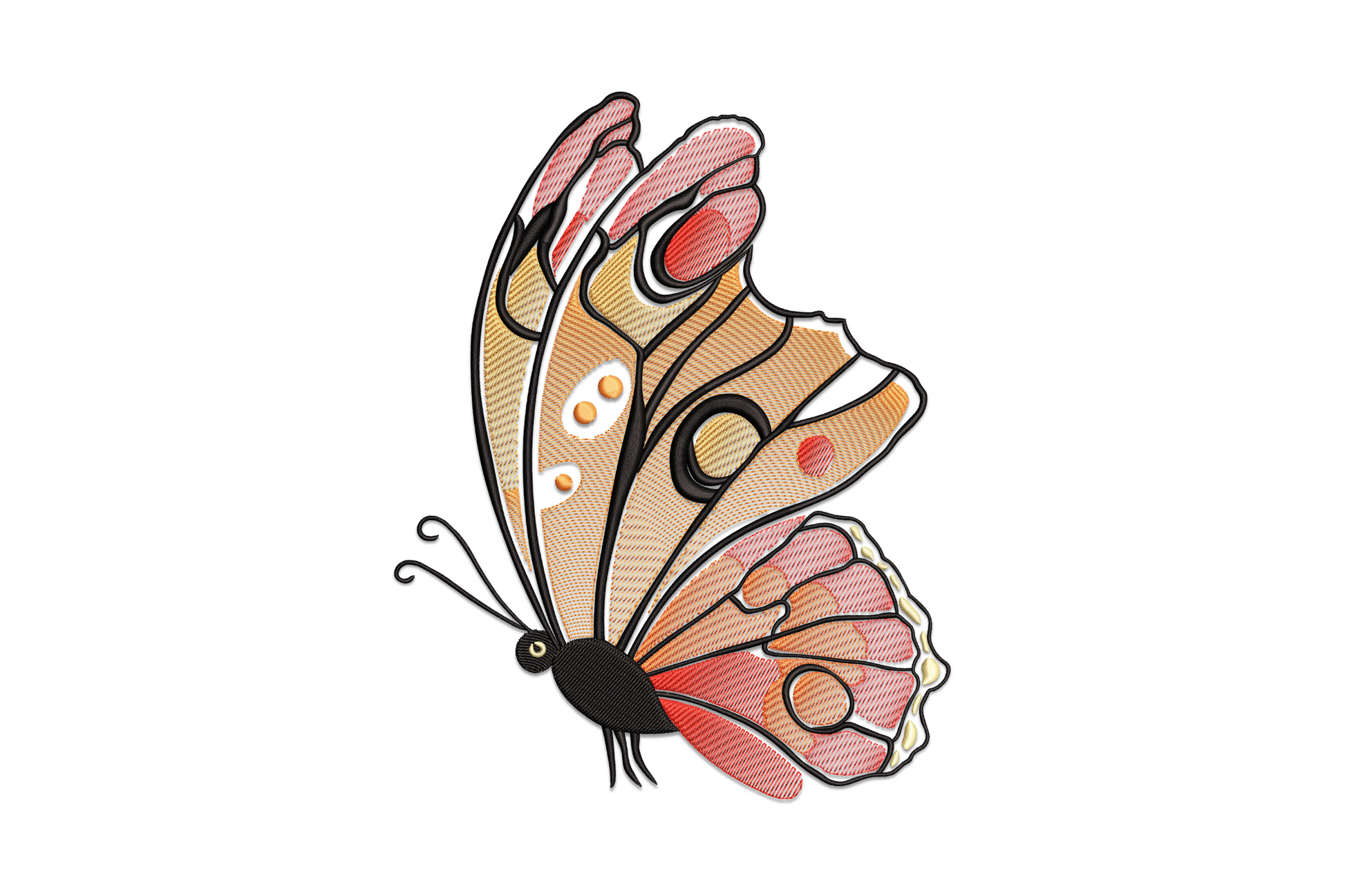 Detailed butterfly machine embroidery design with 8-colour satin fill wing panels and vein lines, nature insect design, 5 sizes from 2.75 to 5.9 inches wide