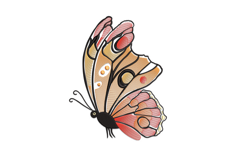 Detailed butterfly machine embroidery design with 8-colour satin fill wing panels and vein lines, nature insect design, 5 sizes from 2.75 to 5.9 inches wide