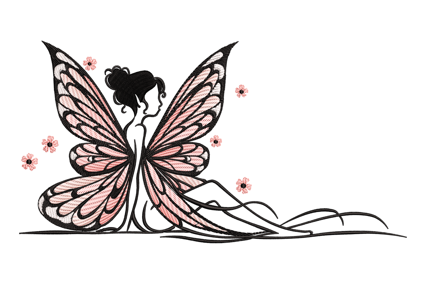 Butterfly fairy embroidery, seated girl viewed from behind, large spread wings in pale pink and black with tiny flowers.