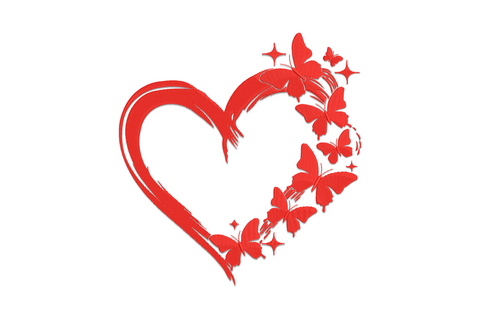 Butterfly heart embroidery design, two wings meeting at top to form a heart, single colour with vein detail satin fill.