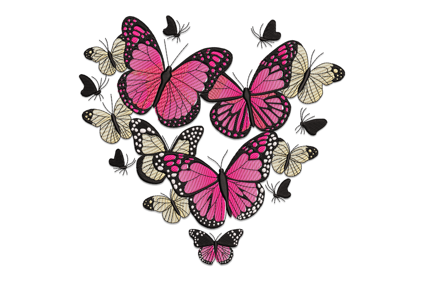 Machine embroidery design of a symmetrical heart formed from layered butterfly wings in dusty pink, cream, rose, sage, and gold on white background.