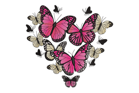 Machine embroidery design of a symmetrical heart formed from layered butterfly wings in dusty pink, cream, rose, sage, and gold on white background.