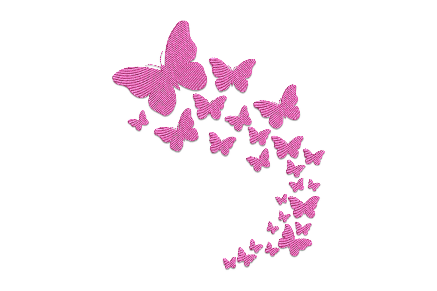 Pink butterfly swirl embroidery design with cascading butterflies in graduated sizes flowing in an S curve