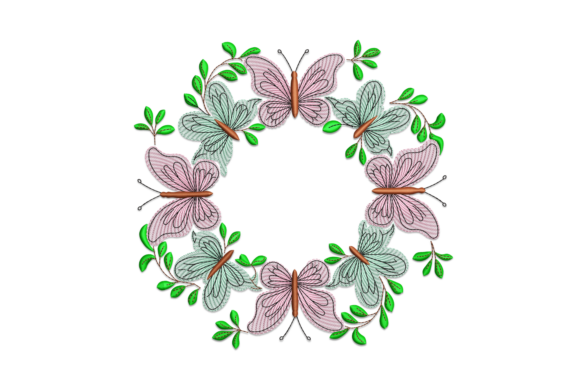 Butterfly wreath embroidery design with pink and mint butterflies on green leaf branches forming a circular spring wreath.