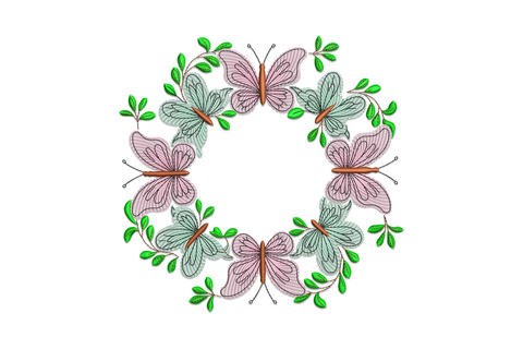 Butterfly wreath embroidery design with pink and mint butterflies on green leaf branches forming a circular spring wreath.