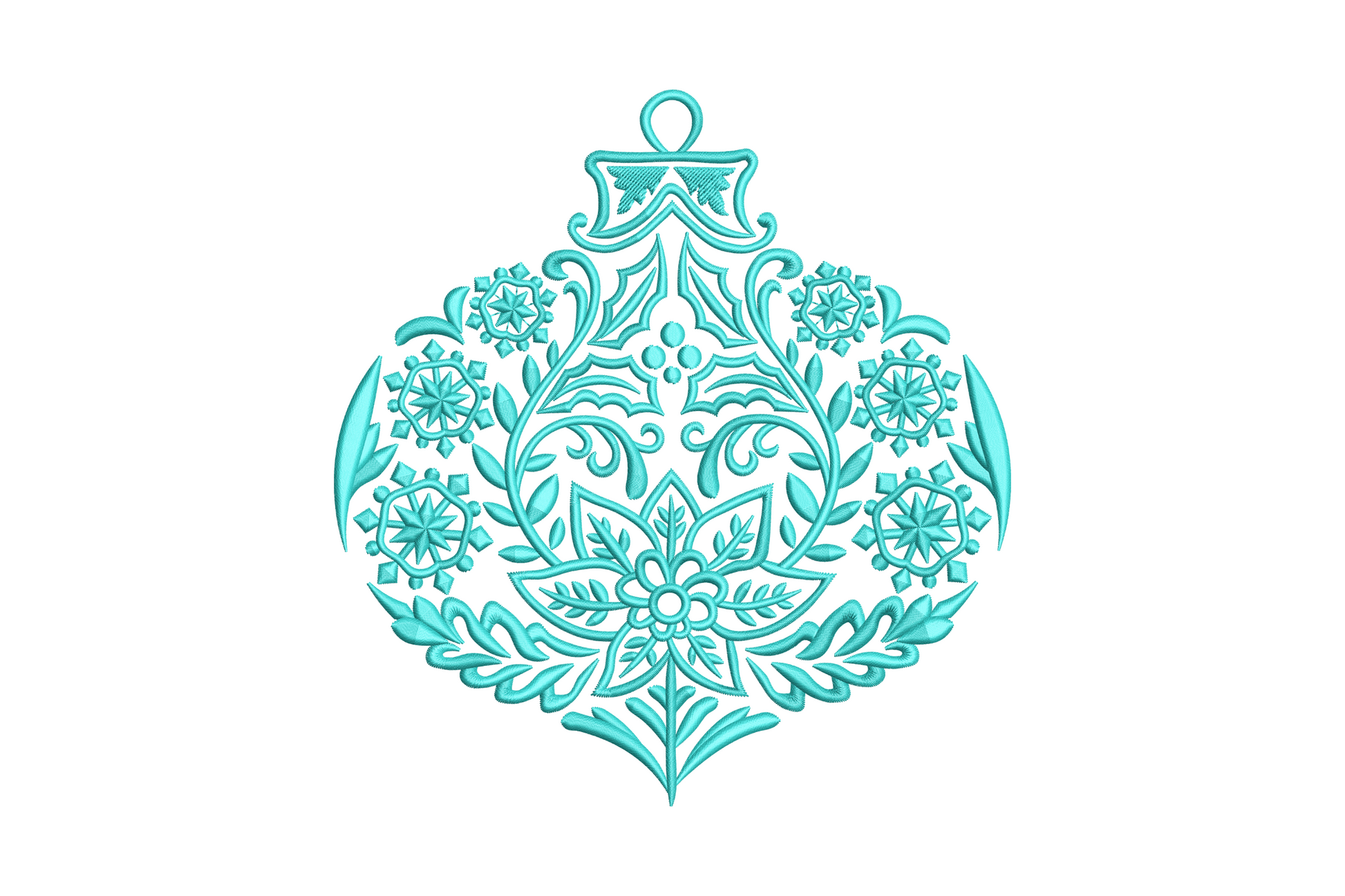 Ornate aqua christmas ornament embroidery with paisley filigree and floral medallions inside a bauble outline.