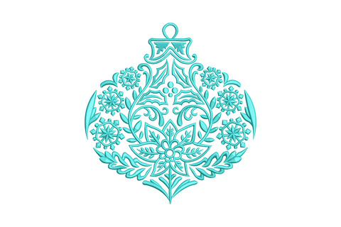 Ornate aqua christmas ornament embroidery with paisley filigree and floral medallions inside a bauble outline.