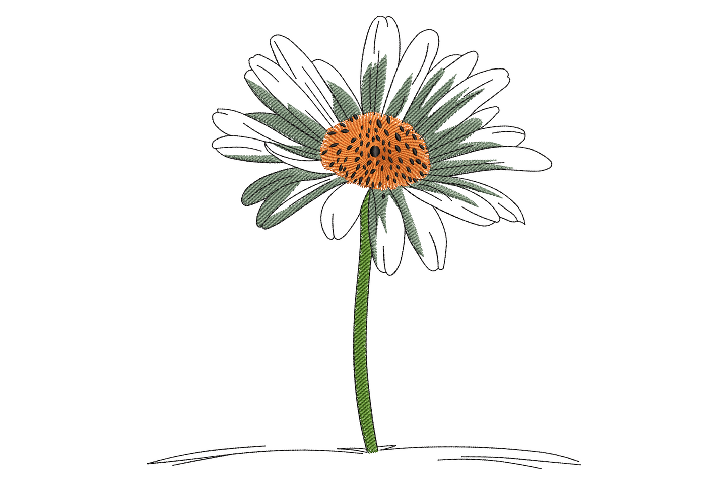 Daisy flower embroidery design, white petals with golden centre, naturalistic botanical style, four-colour floral motif on neutral background.