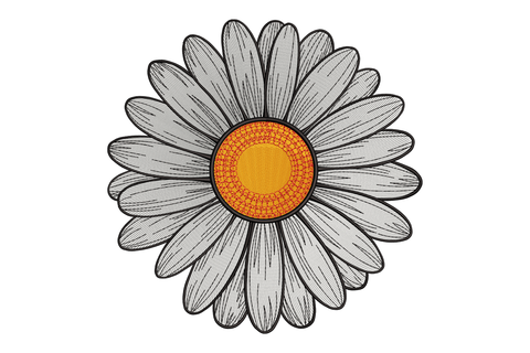 Illustration of a daisy flower with a yellow center on a white background