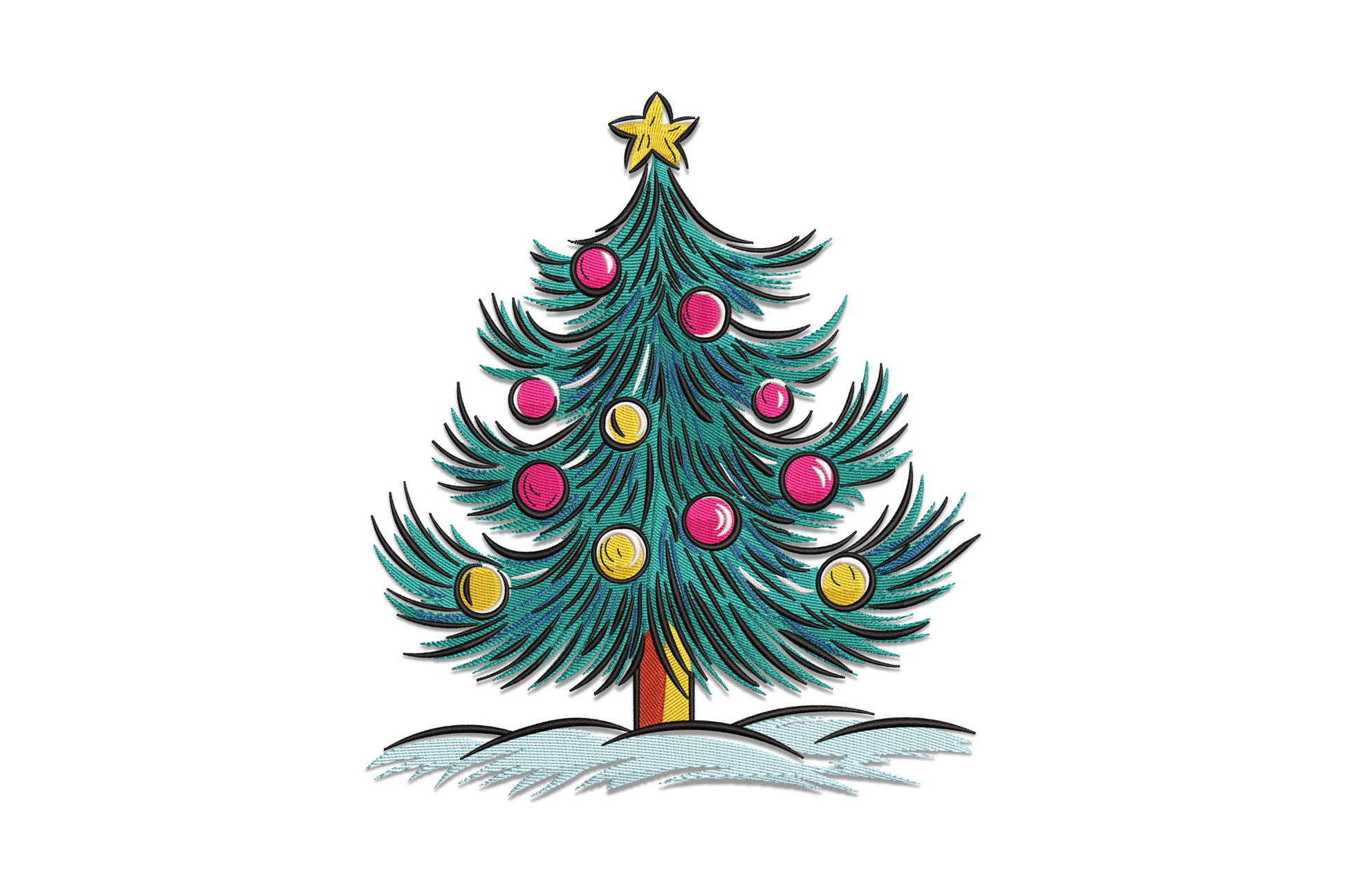 Realistic decorated Christmas tree machine embroidery design with teal branches, pink and gold ornaments, snow base and gold star, 8 colours on white background