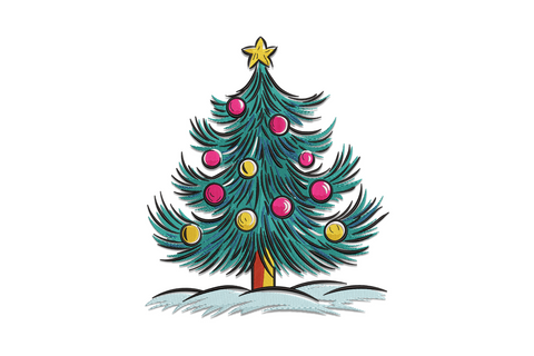 Realistic decorated Christmas tree machine embroidery design with teal branches, pink and gold ornaments, snow base and gold star, 8 colours on white background