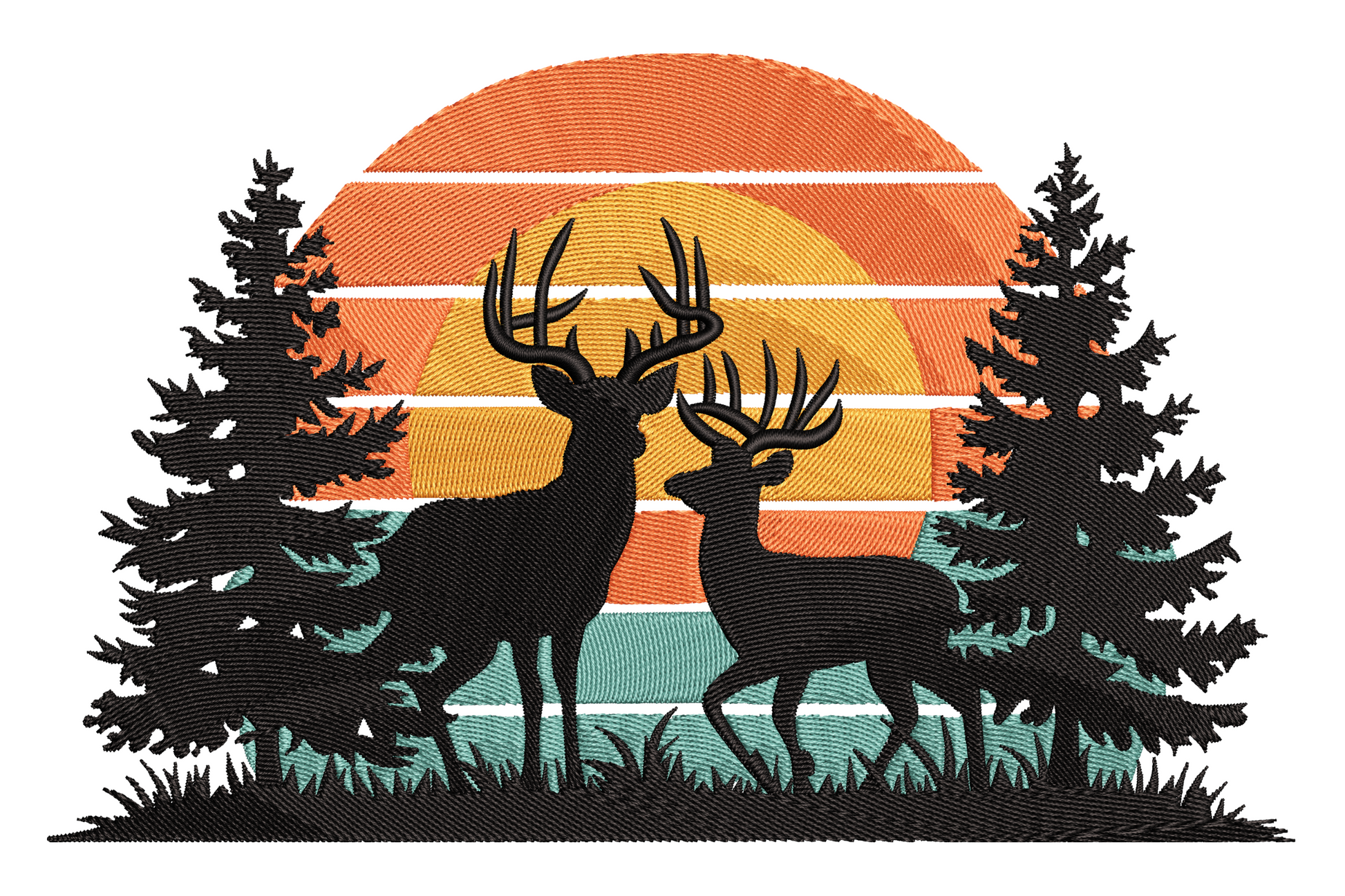Two deer silhouettes against orange and teal sunset, pine trees flanking, dense black satin fills, 4 colour wildlife embroidery.