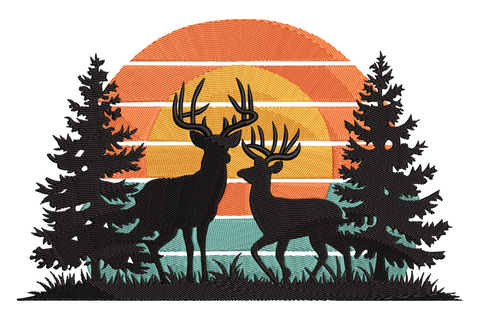 Two deer silhouettes against orange and teal sunset, pine trees flanking, dense black satin fills, 4 colour wildlife embroidery.