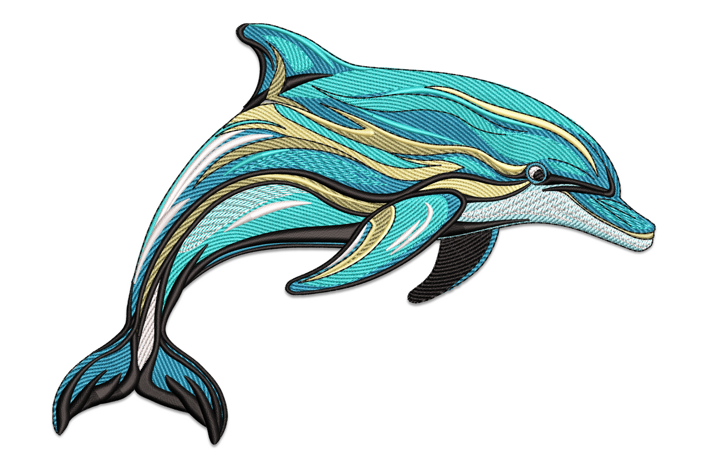 Dolphin embroidery design arcing mid-leap, seven ocean blue and grey colours, directional satin body fill, clean marine style on white background.