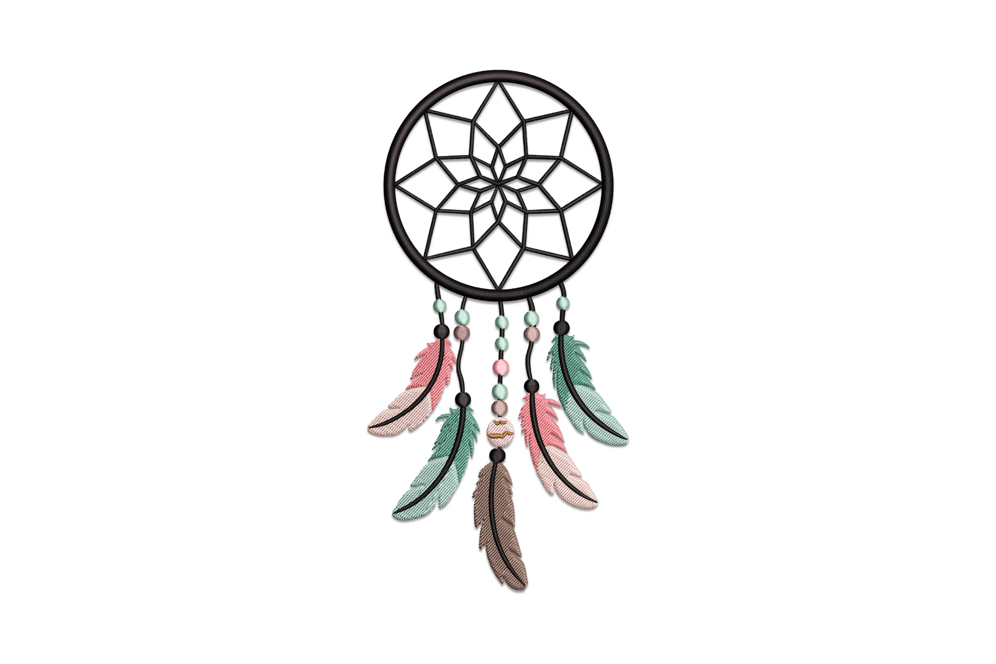 Boho dreamcatcher embroidery with circular hoop, woven interior, three hanging feathers, and satin bead details in eleven colours