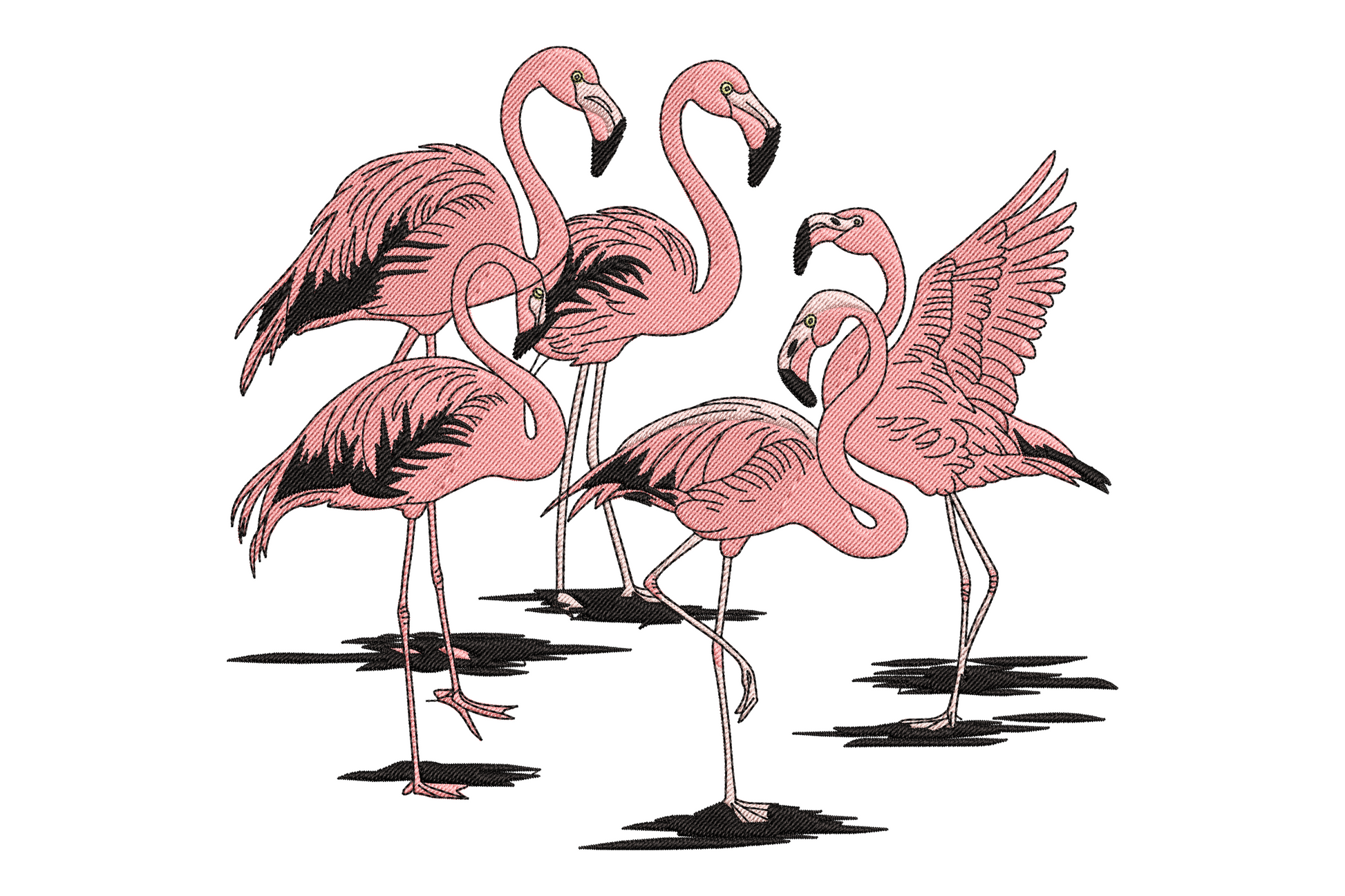 Machine embroidery flamingo design showing a standing bird in dusty rose and coral pink with satin stitch feathers and narrow leg columns, five colours, tropical style.