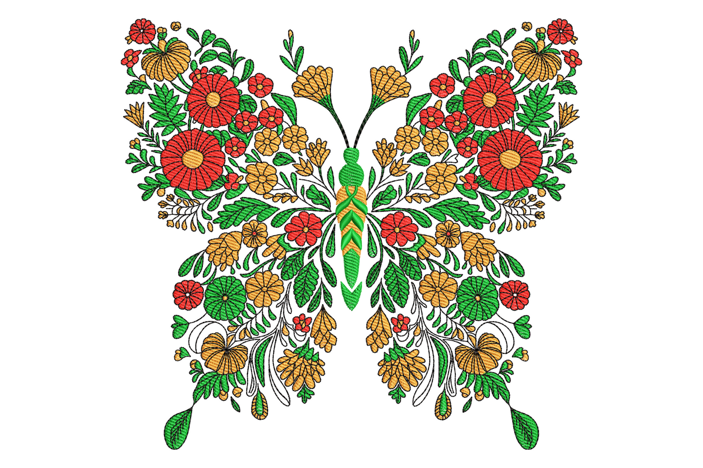 Symmetrical machine embroidery design of a butterfly with botanical flower and leaf line-drawn pattern filling the wings in sage and rose, slate grey body and antennae, off-white wing base.