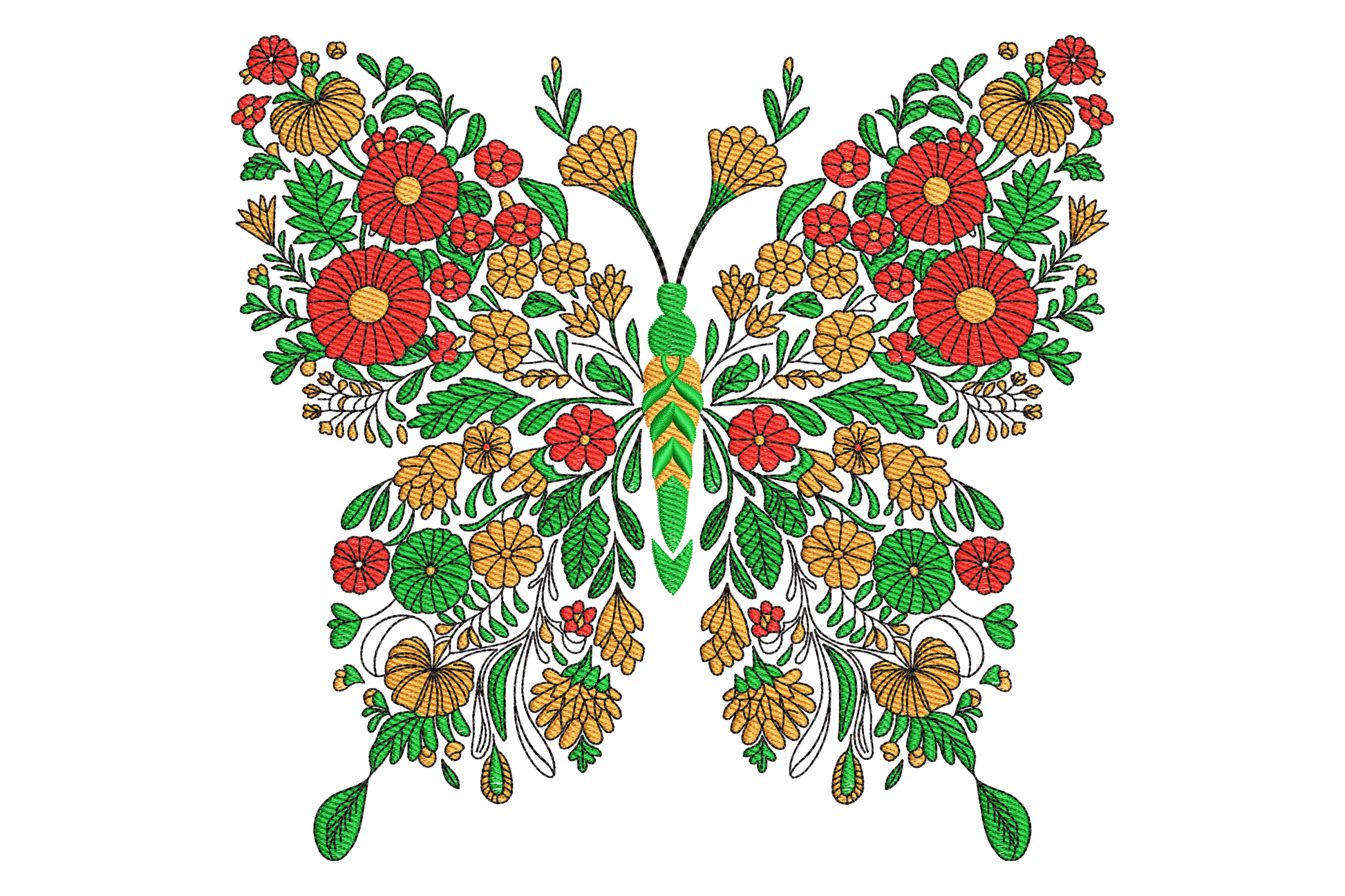 Symmetrical machine embroidery design of a butterfly with botanical flower and leaf line-drawn pattern filling the wings in sage and rose, slate grey body and antennae, off-white wing base.