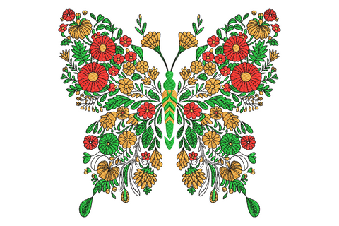 Symmetrical machine embroidery design of a butterfly with botanical flower and leaf line-drawn pattern filling the wings in sage and rose, slate grey body and antennae, off-white wing base.