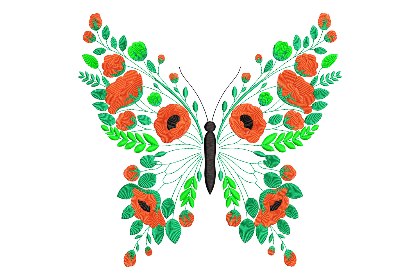 Symmetrical floral butterfly embroidery with bold black wing outlines filled with tiny daisies, rose buds, and leaves in dusty rose sage cream palette.