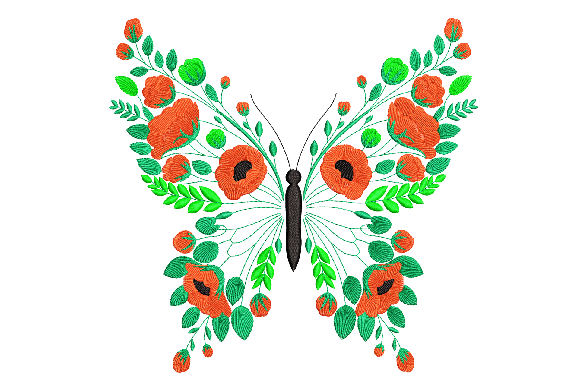 Symmetrical floral butterfly embroidery with bold black wing outlines filled with tiny daisies, rose buds, and leaves in dusty rose sage cream palette.