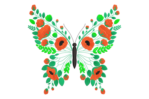 Symmetrical floral butterfly embroidery with bold black wing outlines filled with tiny daisies, rose buds, and leaves in dusty rose sage cream palette.