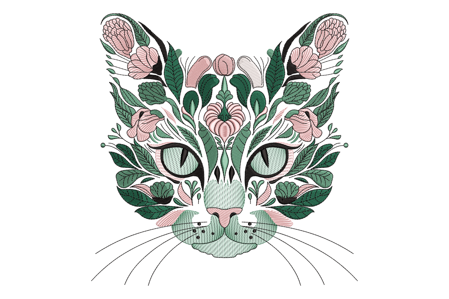 Floral cat face embroidery design, cat features replaced by botanical flowers and leaves in powder puff pink and ivy green.