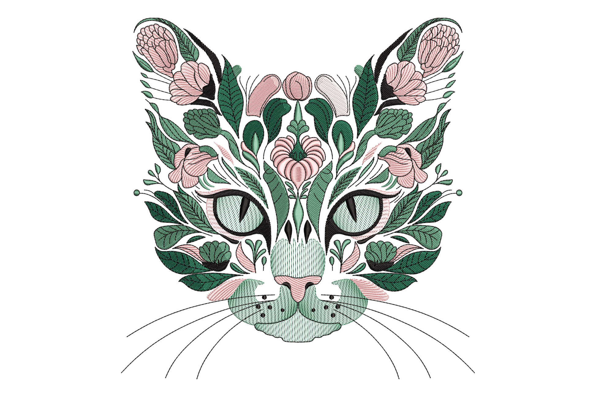 Floral cat face embroidery design, cat features replaced by botanical flowers and leaves in powder puff pink and ivy green.