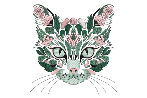 Floral cat face embroidery design, cat features replaced by botanical flowers and leaves in powder puff pink and ivy green.