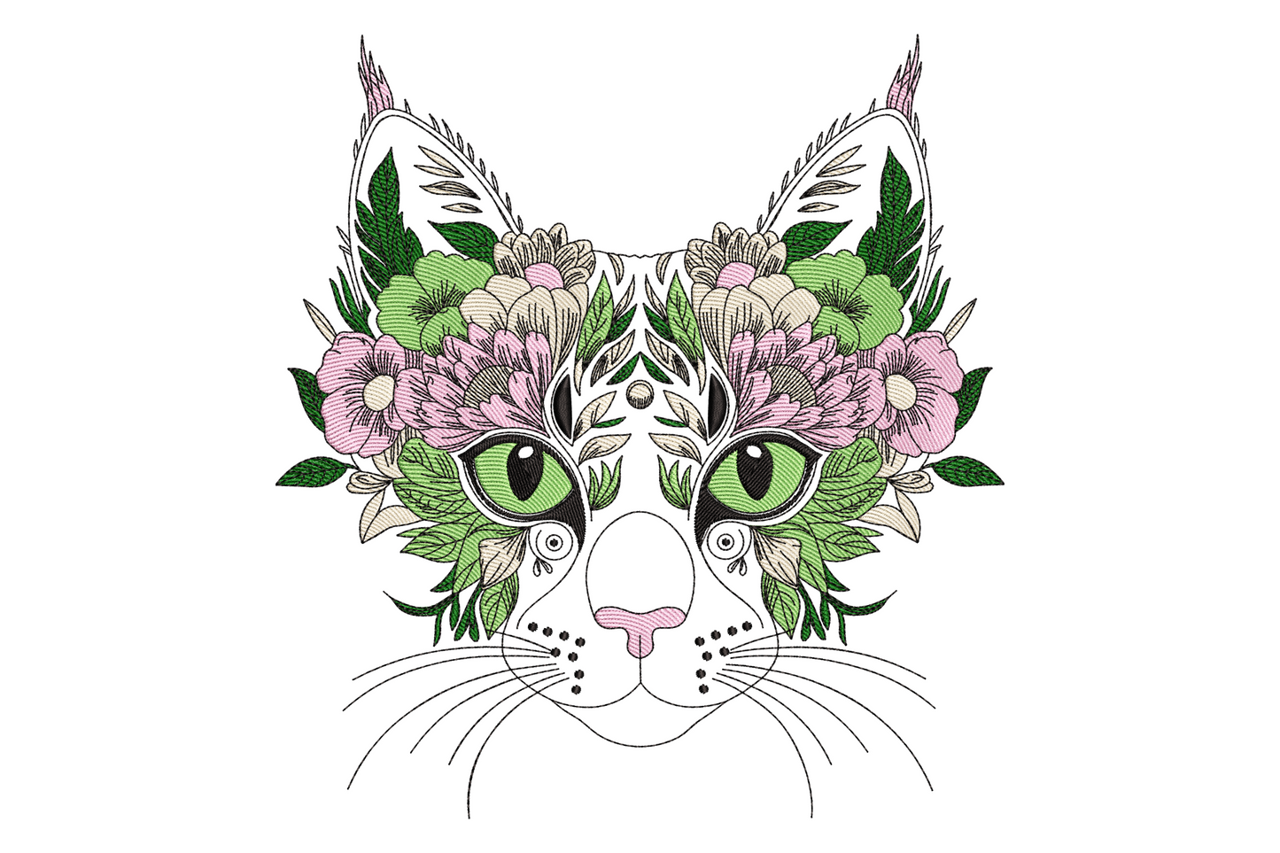 Floral cat face embroidery design with green eyes, blush pink botanical blooms and sage green leaves covering the cats head in outline style.