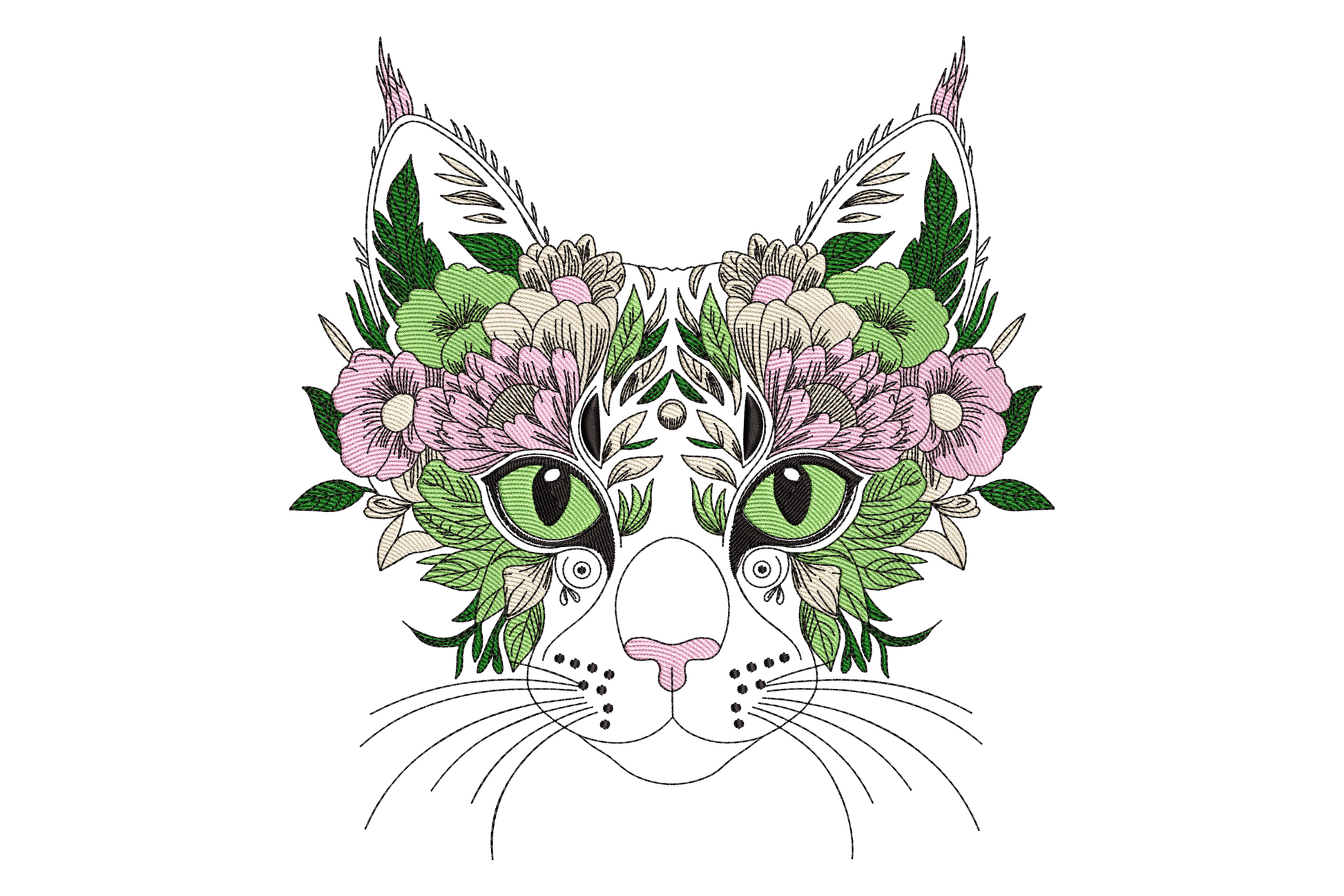 Floral cat face embroidery design with green eyes, blush pink botanical blooms and sage green leaves covering the cats head in outline style.