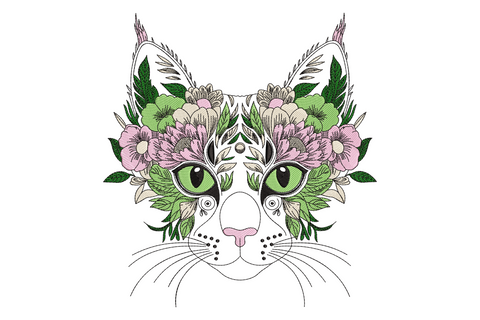 Floral cat face embroidery design with green eyes, blush pink botanical blooms and sage green leaves covering the cats head in outline style.
