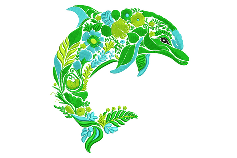 Floral dolphin embroidery, leaping dolphin silhouette filled with aqua and green tropical leaves and botanical flowers.