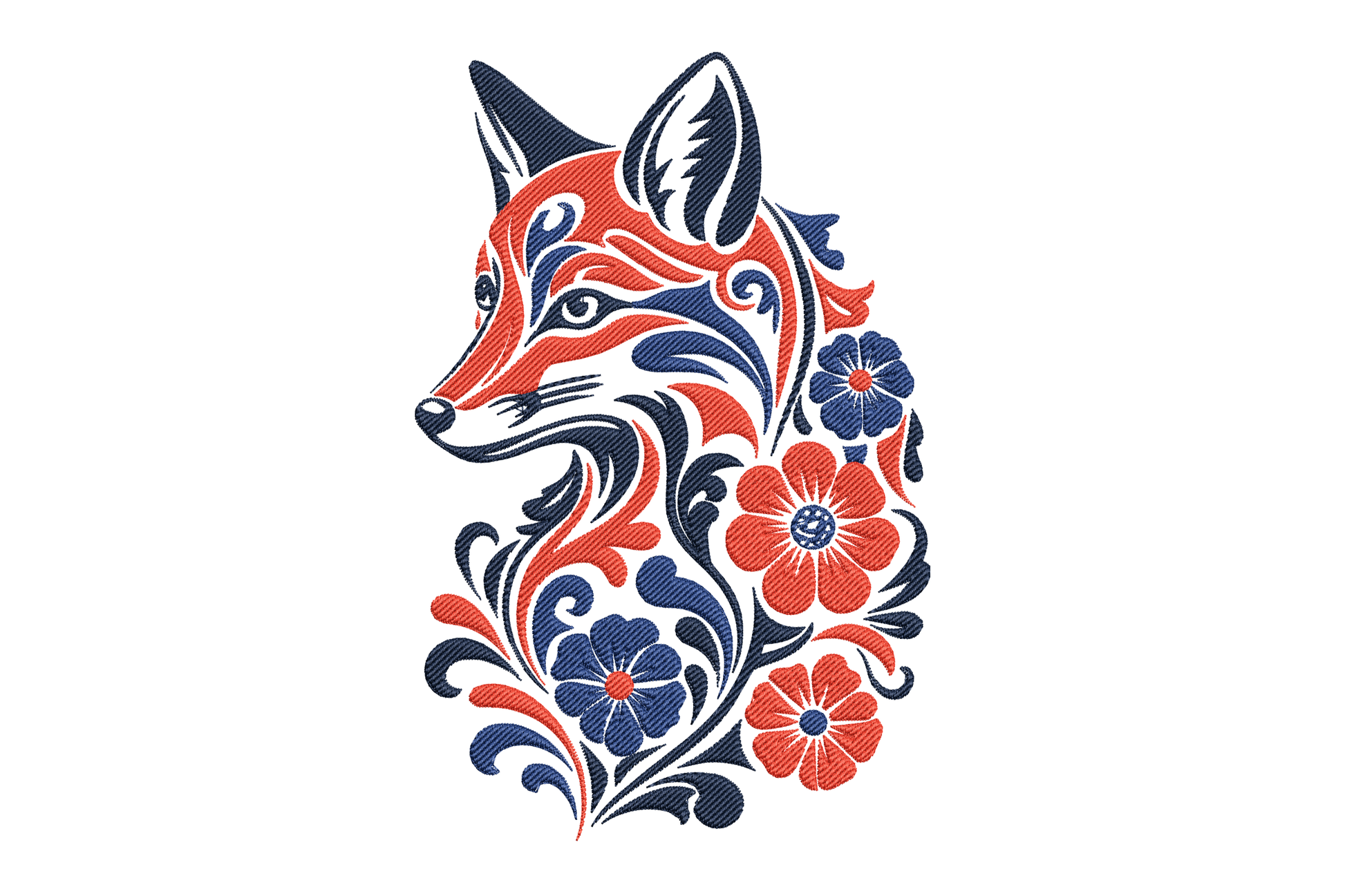 Decorative fox design with floral elements in red and blue embroidery design